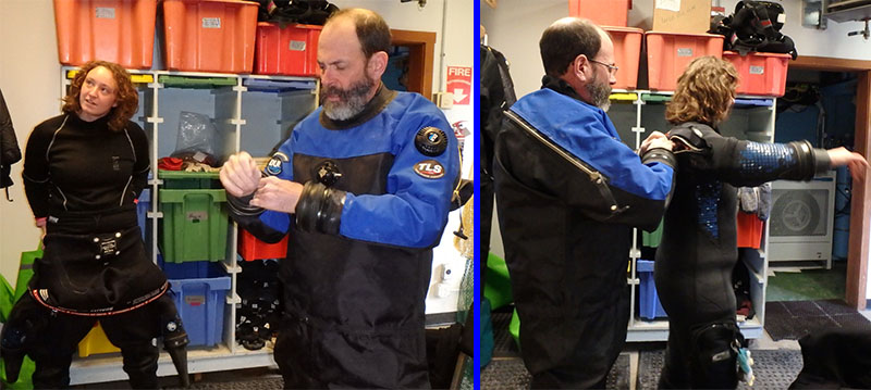 Sabrina Heiser and Chuck Amsler getting into their drysuits