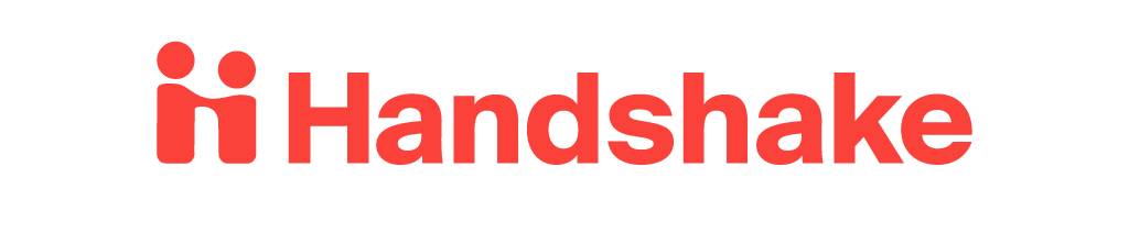 Handshake logo: Two stylized people shaking hands, next to the company name. 