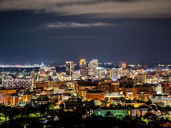 Birmingham downtown skyline at night.
