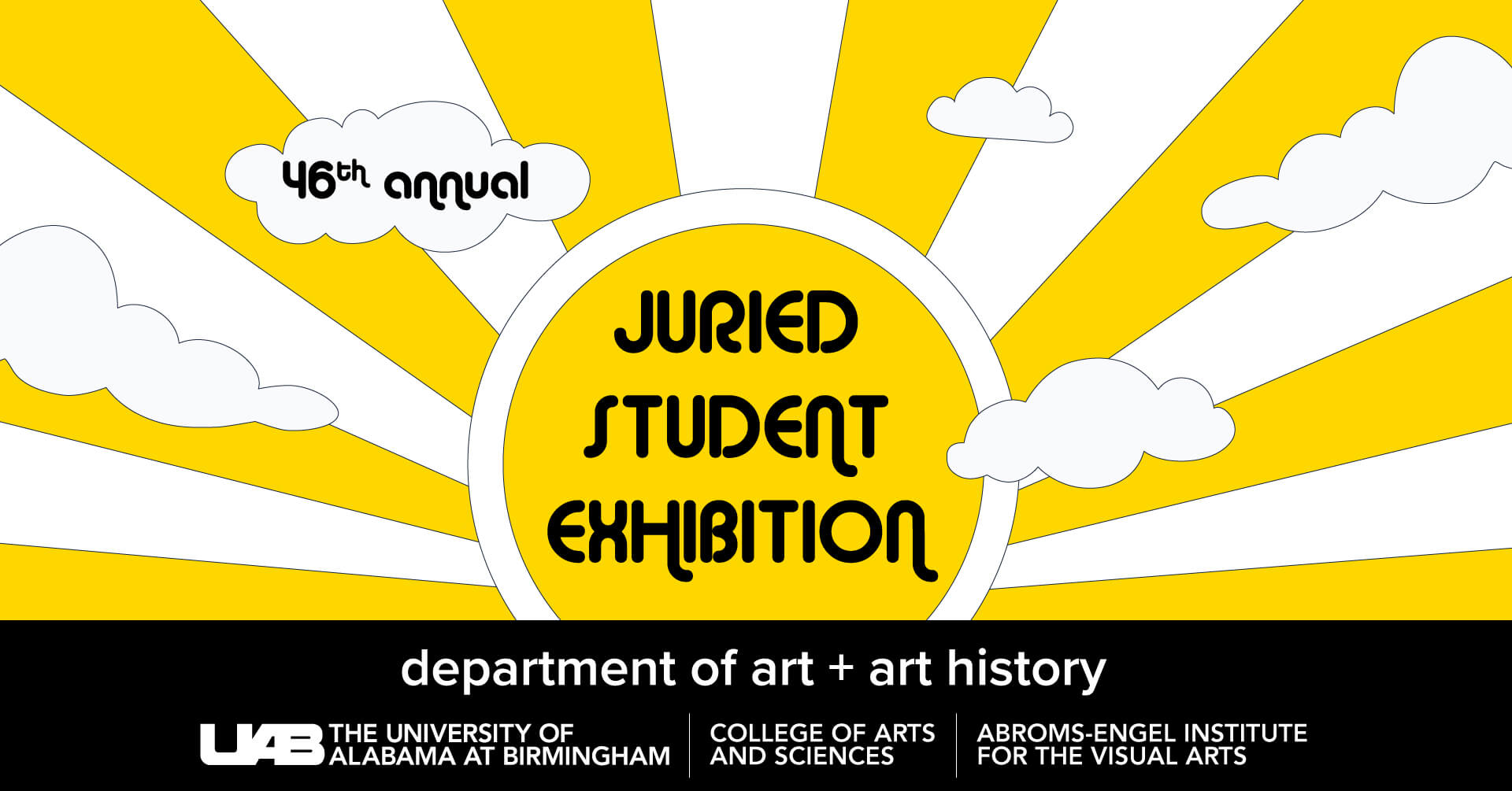 Rising sun with bold yellow and white rays in a 70s poster style, advertising the 46th annual exhibition. 