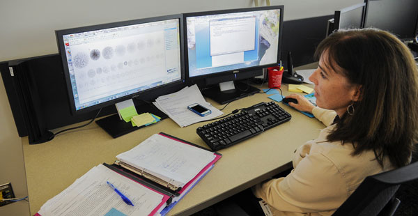 Woman working at a dual-monitor station. 