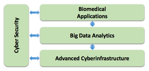 The four clusters are Cyber Security, Biomedical Applications, Big Data Analytics, and Advanced Cyberinfrastructure. The Cyber Security and Big Data Analytics clusters interact with the other three clusters. Biomedical Computing and Advanced Cyberinfrastructure do not interact.