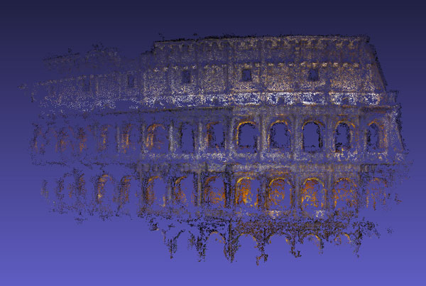 A point cloud of the Coliseum in Rome, extracted from multiple images gathered from the web, using structure from motion. 