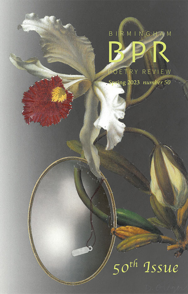 Cover of BPR 50, a illustration of a white orchid with red interior and gold stamens, with green stems and leaves. There is a circular glass lense at its basse.