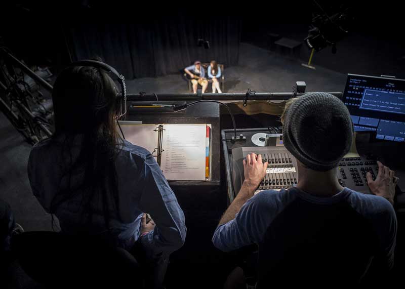 UAB students operating light board for theatre production.