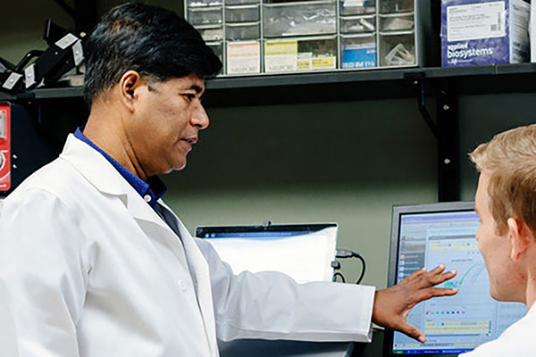 Dr. Hassan and a researcher in a lab discussing information displayed on a computer.