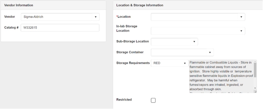 enter location and storage info