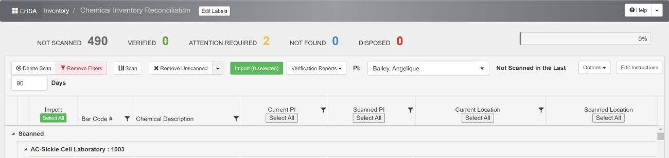 Click on "Chemical Inventory Verification Reports" (5th button from left at the top)