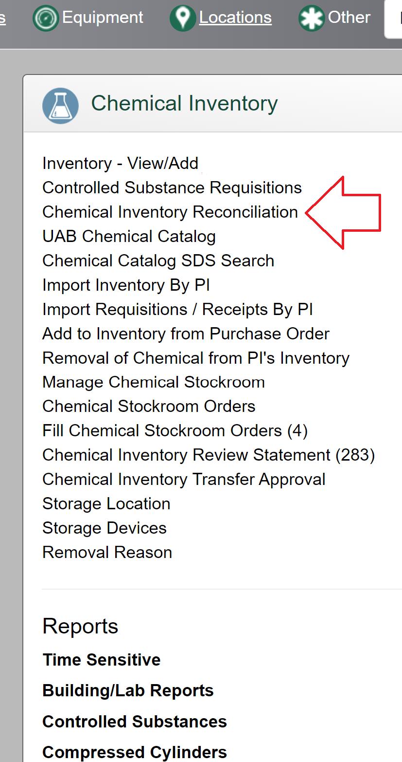 At the Chemical Inventory box, click on “Chem Inventory Reconciliation”