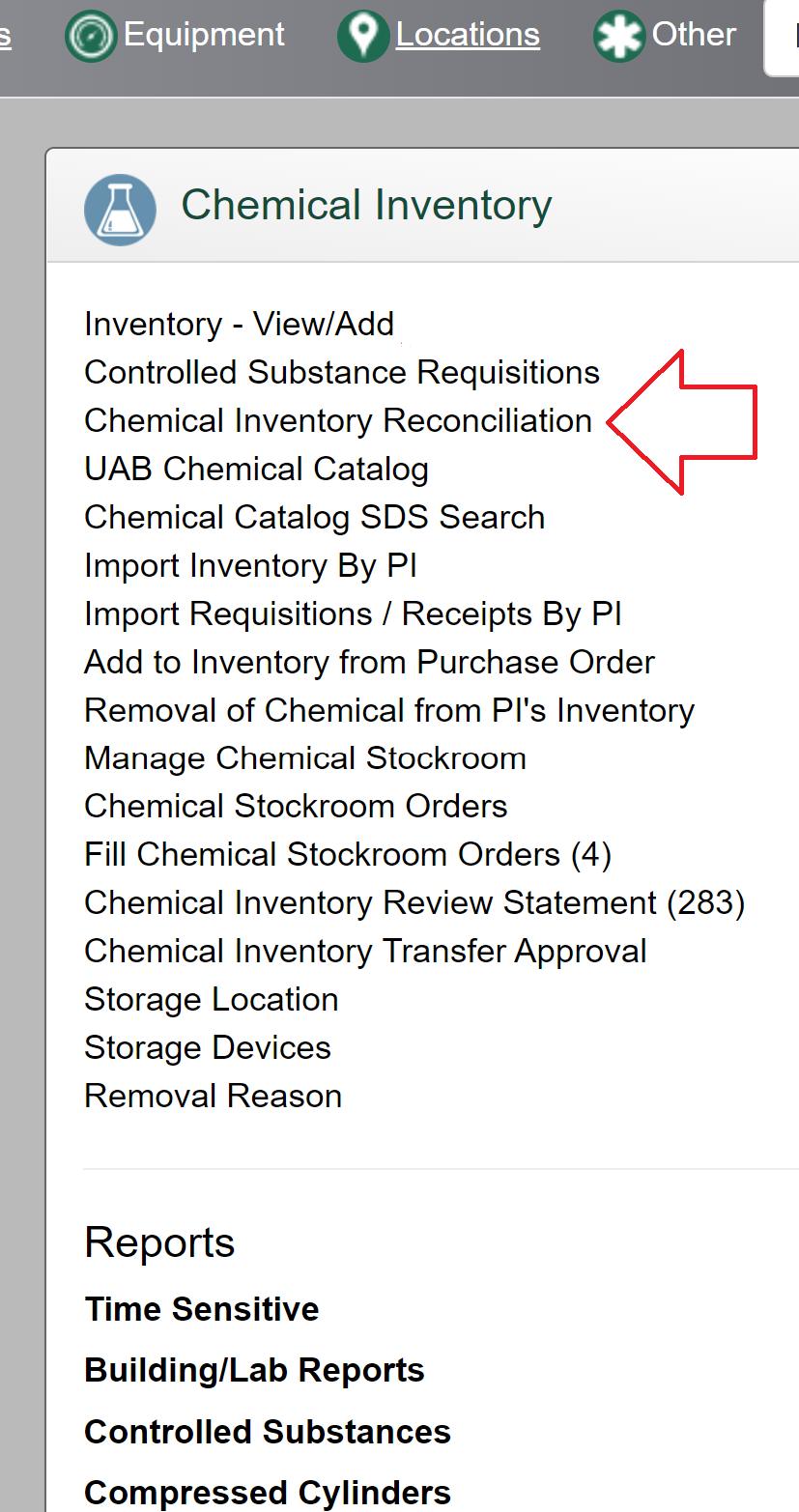 At the Chemical Inventory box, click on “Chem Inventory Reconciliation”