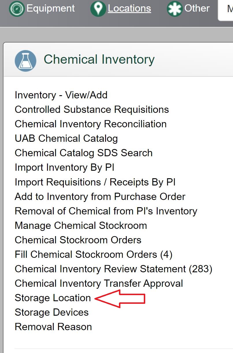 At the "Chemical Inventory" box, click on “Storage Location”.