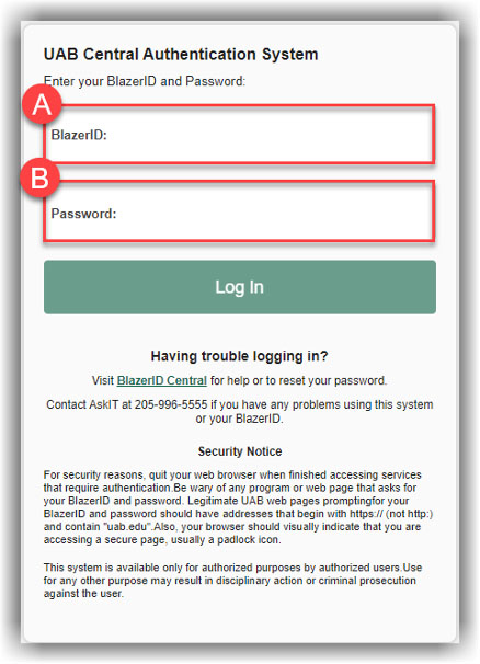 screenshot of UAB's authentication interface
