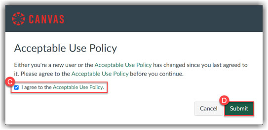 screenshot of Canvas Acceptable Use Policy dialogue box