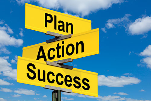 Plan, action, and success street signs.