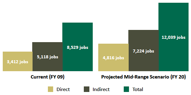 Generating Research Bar Graph Jobs-Current and Projected Research Employment Impact of UAB (jobs)
