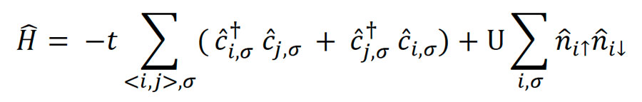 The Hamiltonian for the Hubbard model. See footnote three for a resource explaining this model.
