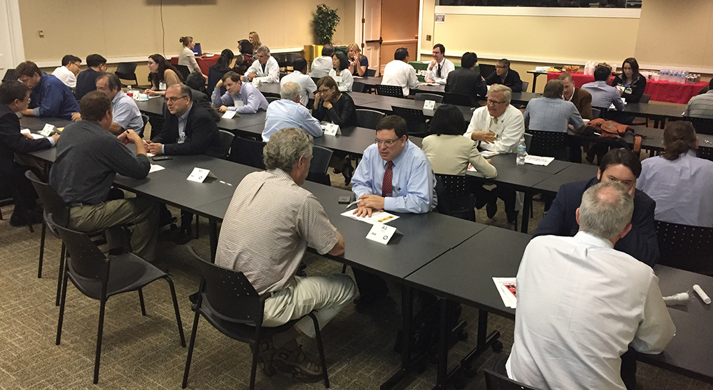 Faculty from the departments of Surgery and Biomedical Engineering meet at their 2016 "Speed Dating" event to discuss collaborative projects.