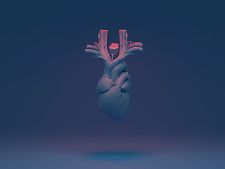 Digital illustration of a medically accurate blue heart on a blue background with red dramatic lighting.