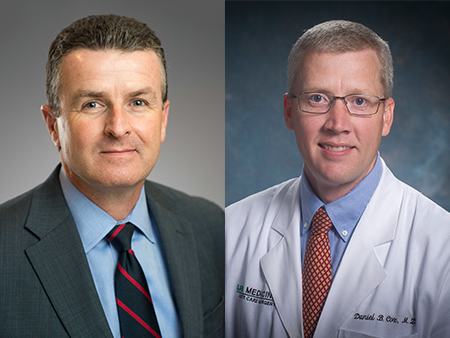Jeffrey Kerby, M.D., Ph.D., director of the Division of Trauma and Acute Care Surgery (Photography: Dustin Massey), and Daniel Cox, M.D., trauma medical director (Photography: Steve Wood
