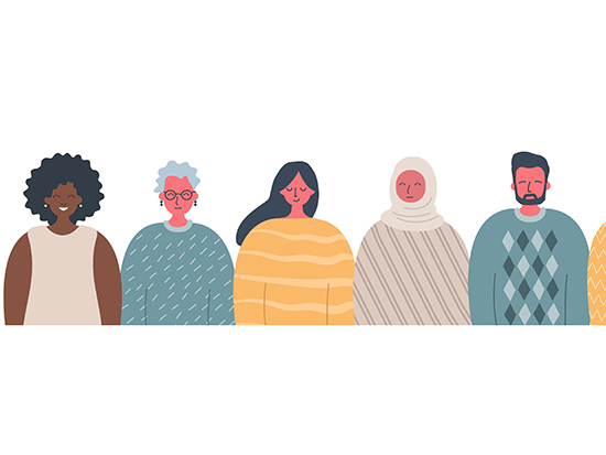 Community of people of different sexes, races and ages. International group of people. There are women, men, older people and young people in the picture. Vector illustration on a white background.