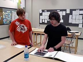 Beau Bergeron (right) reviews the portfolio of graphic design student Jonathan Greene. Bergeron, a communications designer with IDEO, worked with Doug Barrett’s graphic design students for three days as the Department of Art & Art History Jemison Visiting Artist.