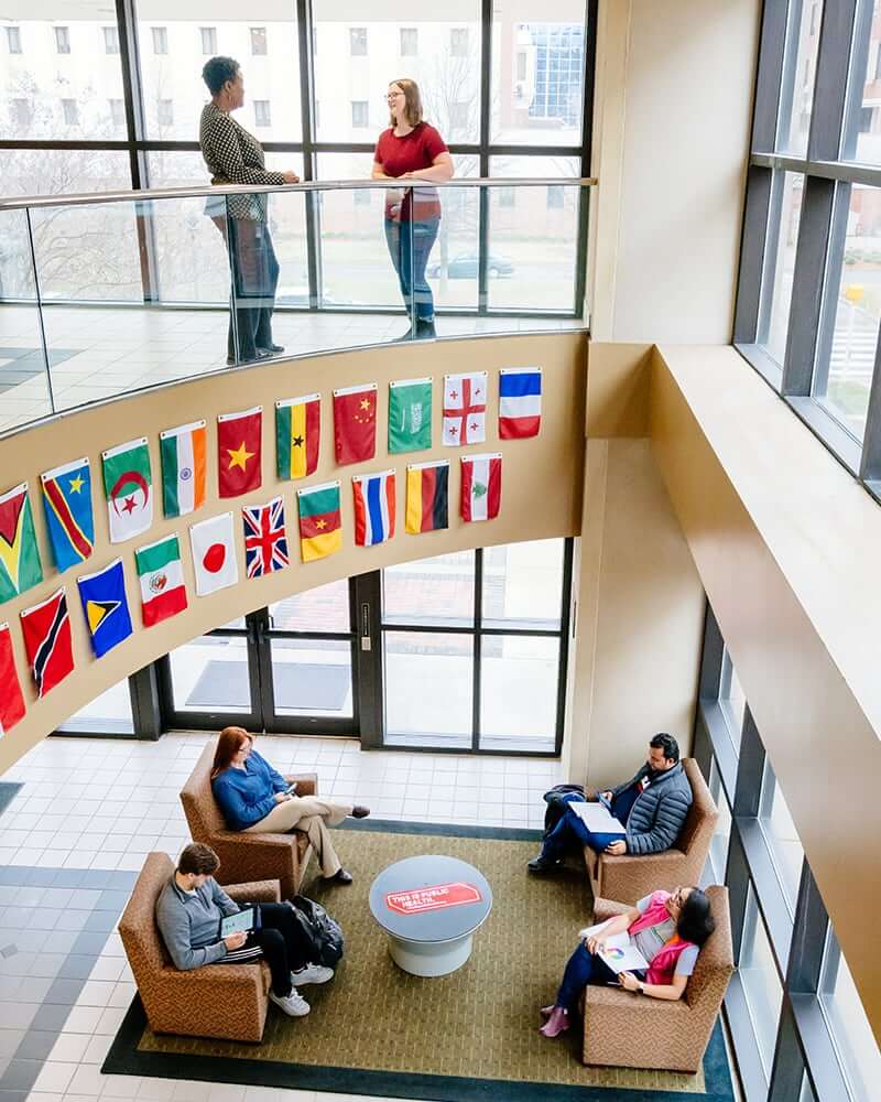 Students in the lobby of the Ryals Public Health building. 