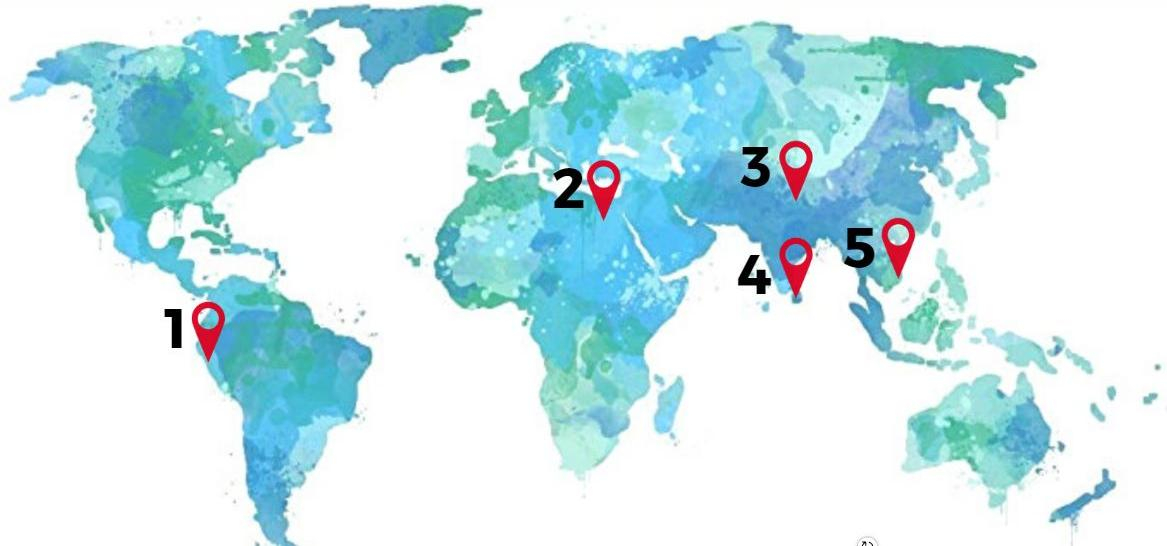World map marked with locations of 5 pilot projects from 2019