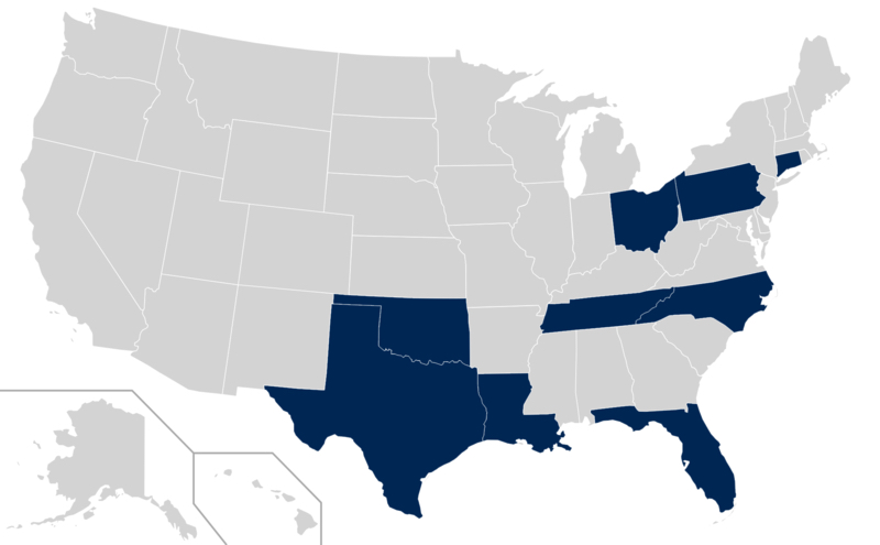 A map of the states that have member universities in the American Athletic Conference. Photo from Wikimedia Commons
