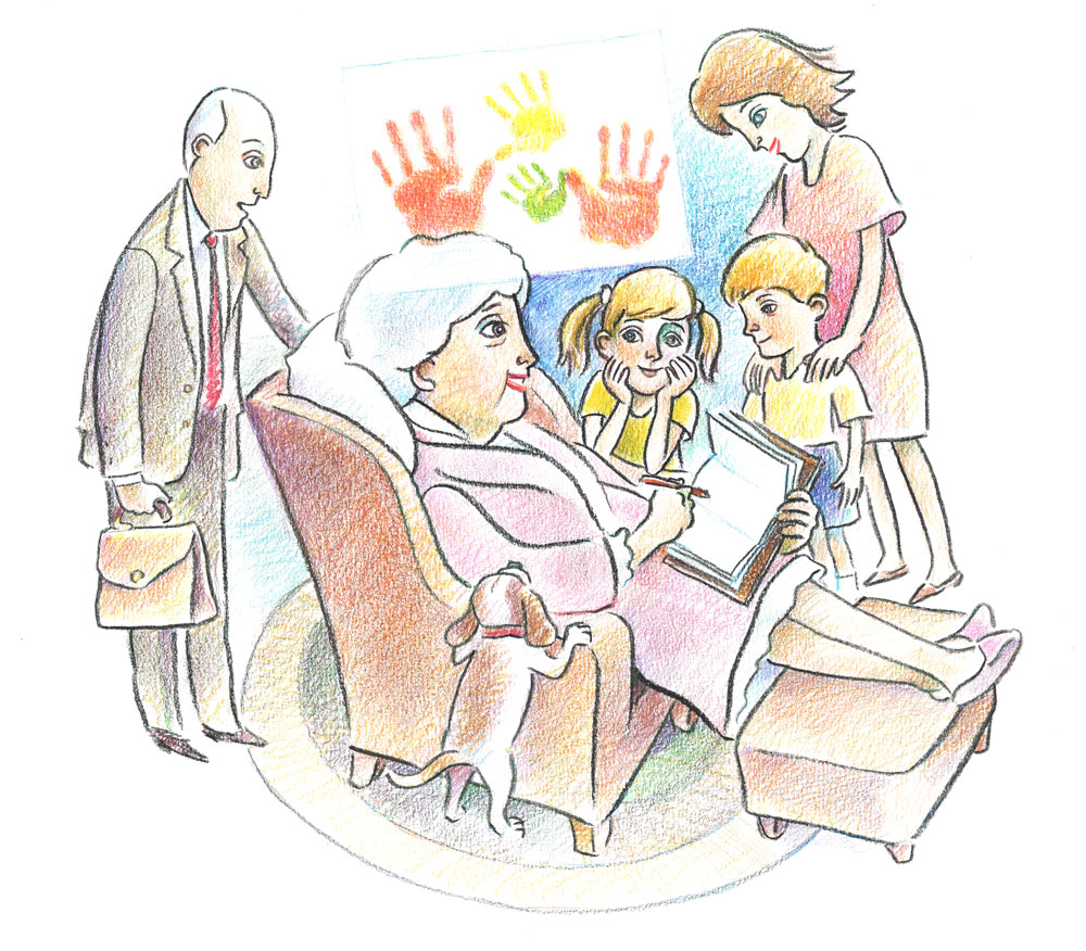 Illustration of older woman writing letter with family surrounding her; her handprints and children's handprints are above