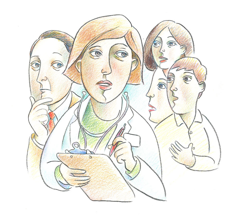 Illustration of physicians listening to patient and family