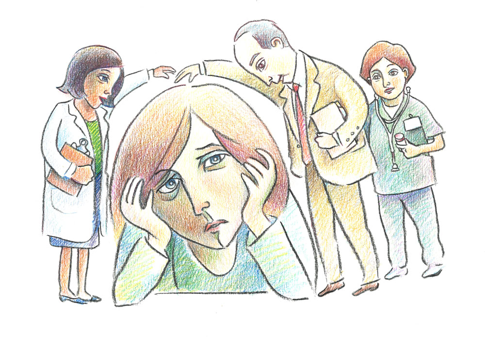 Illustration of care team enveloping anxious patient