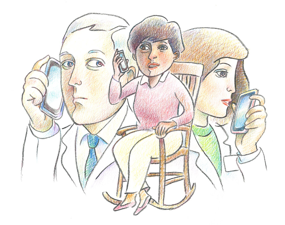 Illustration of physicians on phone with woman in rocking chair