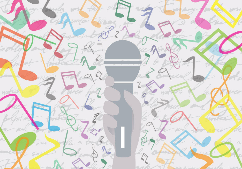 Illustration of hand holding microphone with music notes around it