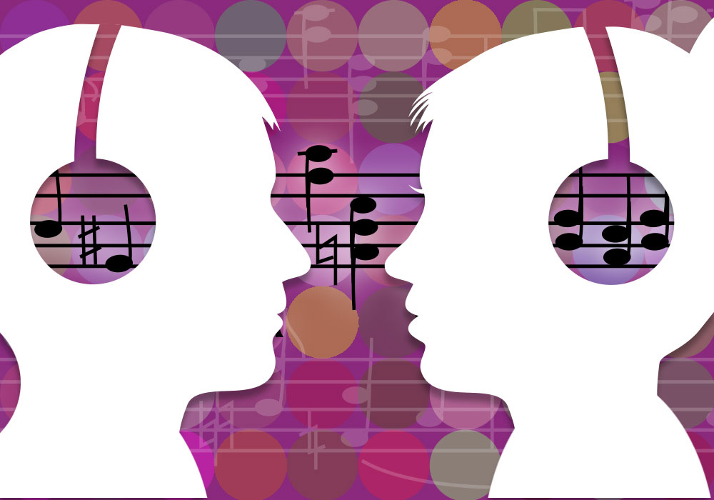 Illustration of two people with headphones with music sequence connecting them