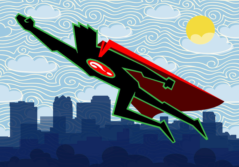 Illustration of superhero above city skyline