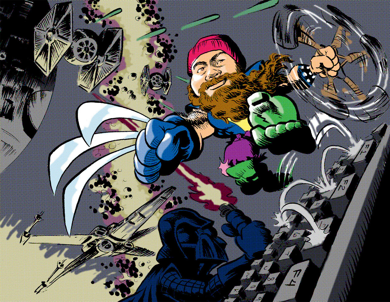 Illustration of Jason Aaron as combination of superheroes fighting Darth Vader on computer keyboard; illustration by Tim Rocks