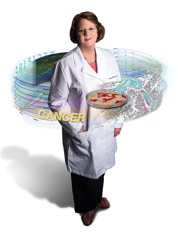 Illustration of Joanne Murphy-Ullrich surrounded by drug-discovery elements