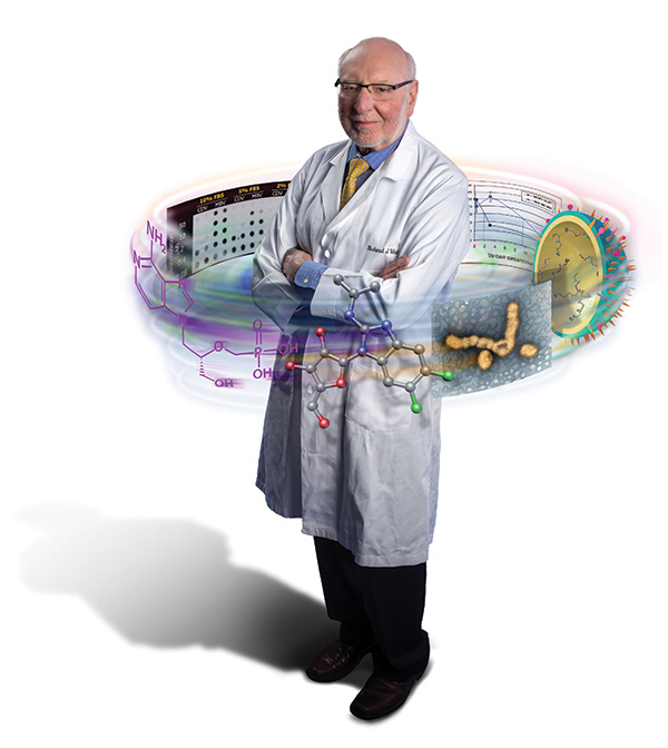 Illustration of Richard Whitley surrounded by elements of drug discovery