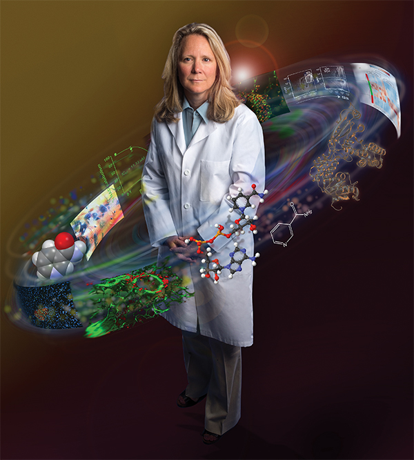 Illustration of Fran Lund surrounded by drug-discovery elements