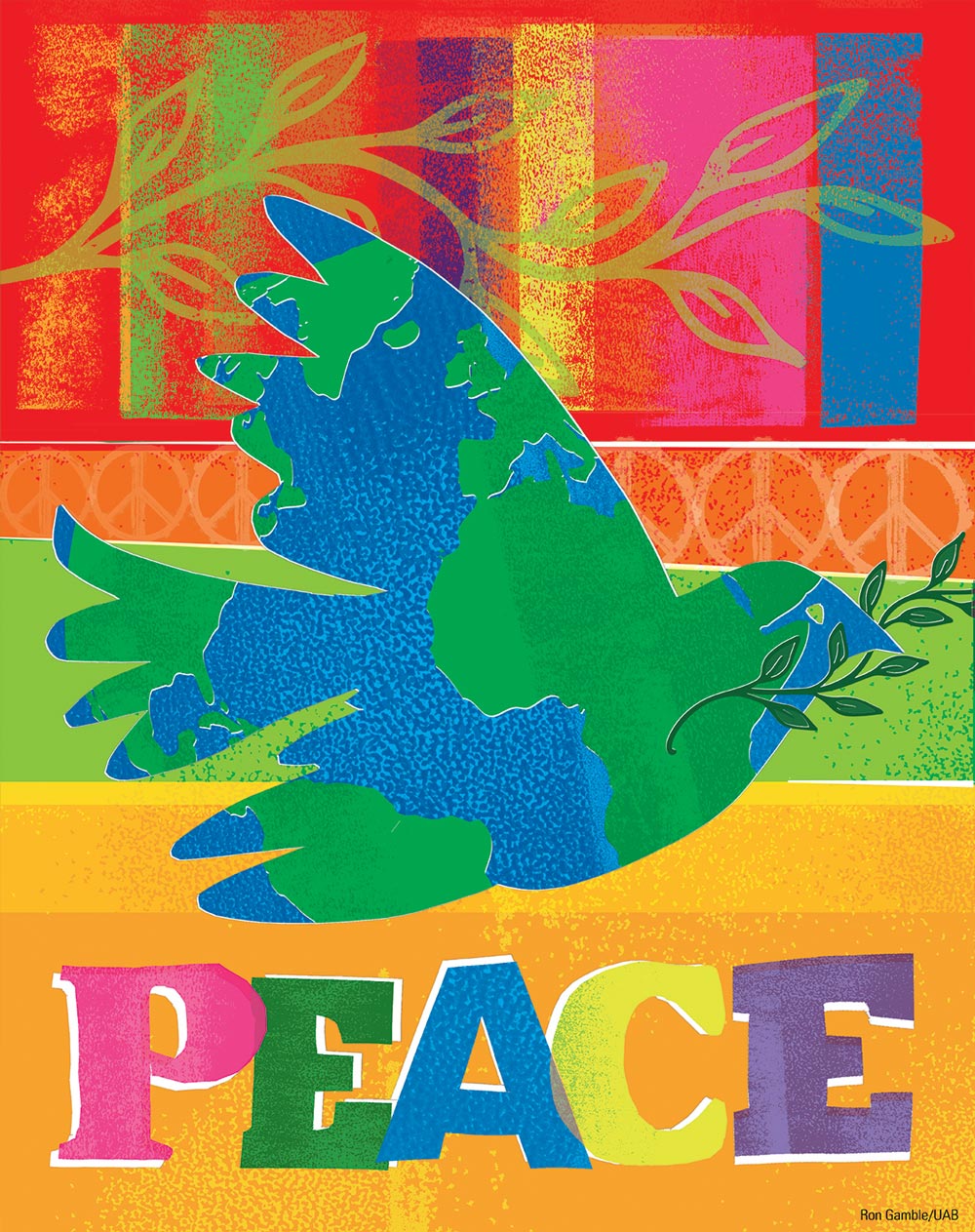 Colorful illustration of dove containing world map over the word 'Peace'; illustration by Ron Gamble