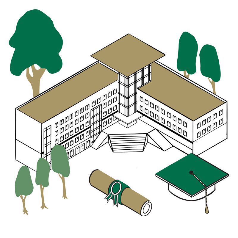Illustration of University Hall, trees, diploma, and mortarboard