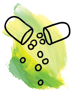Line drawing of open pill capsule with medicine falling out.