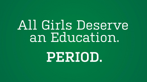 Green banner with headline: All Girls Deserve an Education. Period.
