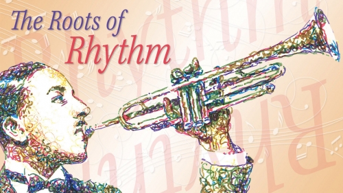 Illustration of Erskine Hawkins with title: The Roots of Rhythm