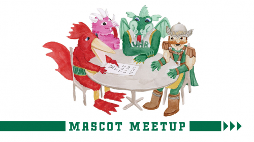 Illustration of Beauregard T. Rooster, the Pink Dragon, Blaze, and Blazer the Warrior around a table, looking at an eye chart; headline: Mascot Meetup