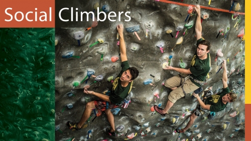 Photo of three Climbing Club members on Campus Recreation climbing wall; title: Social Climbers