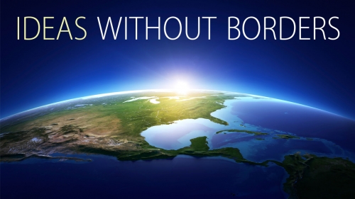 Illustration of sun rising above earth with title: Ideas Without Borders