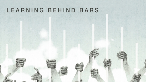 Illustration of hands on bars rising to clouds with headline: Learning Behind Bars