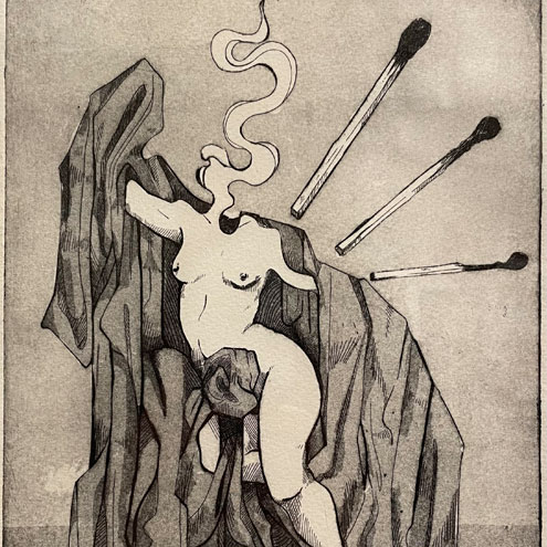 Angel Levesque, "Burn Out," 2021. Intaglio print. Courtesy of the artist and the Department of Art and Art History, UAB.