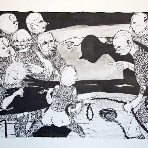 William Downs, "The conversation," 2021. Inkwash on canvas, 96 by 72 inches. Courtesy of the artist